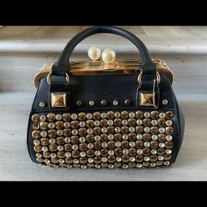 Purse Handbag Black Brass Tone Studs Rhinestones
